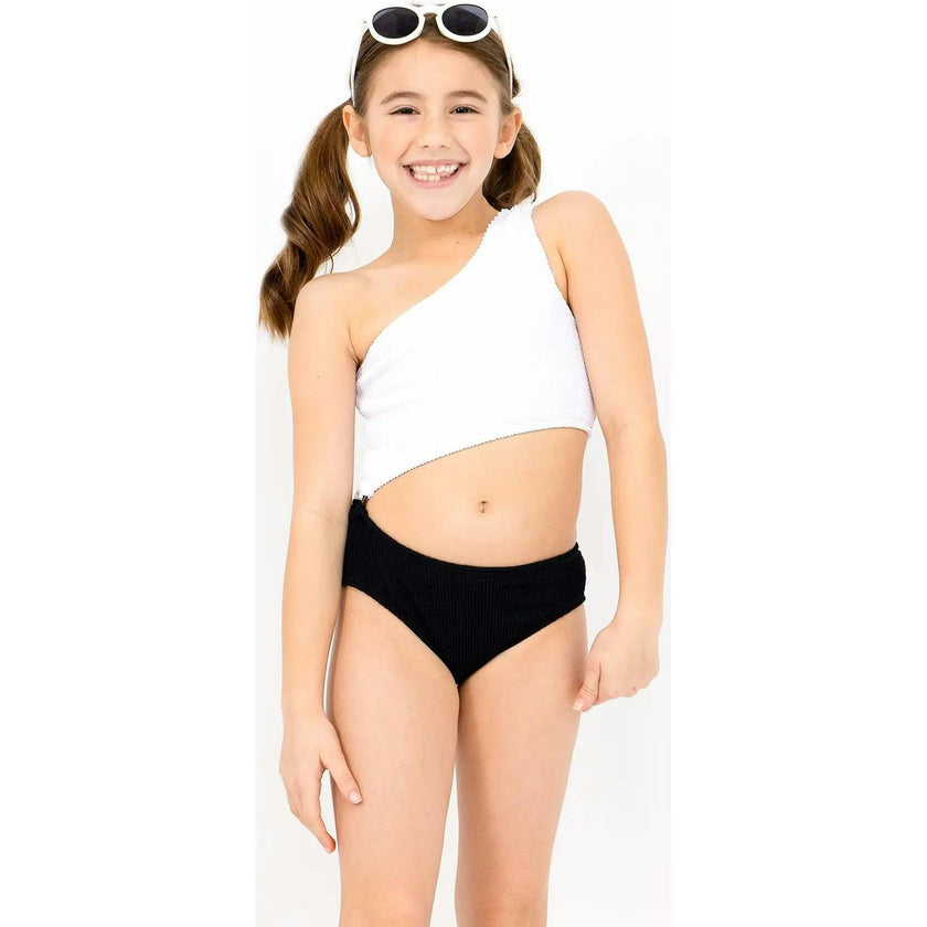 Dina Crinkle Side Cutout One Piece Swimsuit - Black and White