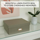 Decorative Photo Storage Box - Sturdy Linen Photo Organizer with Dividers - Stores Up to 850 4x6 Photos - Portable Scrapbook Storage Container with Lid