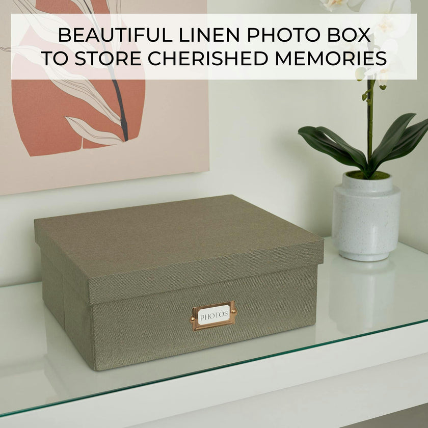 Decorative Photo Storage Box - Sturdy Linen Photo Organizer with Dividers - Stores Up to 850 4x6 Photos - Portable Scrapbook Storage Container with Lid
