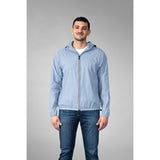 Powder blue full zip packable rain jacket and windbreaker