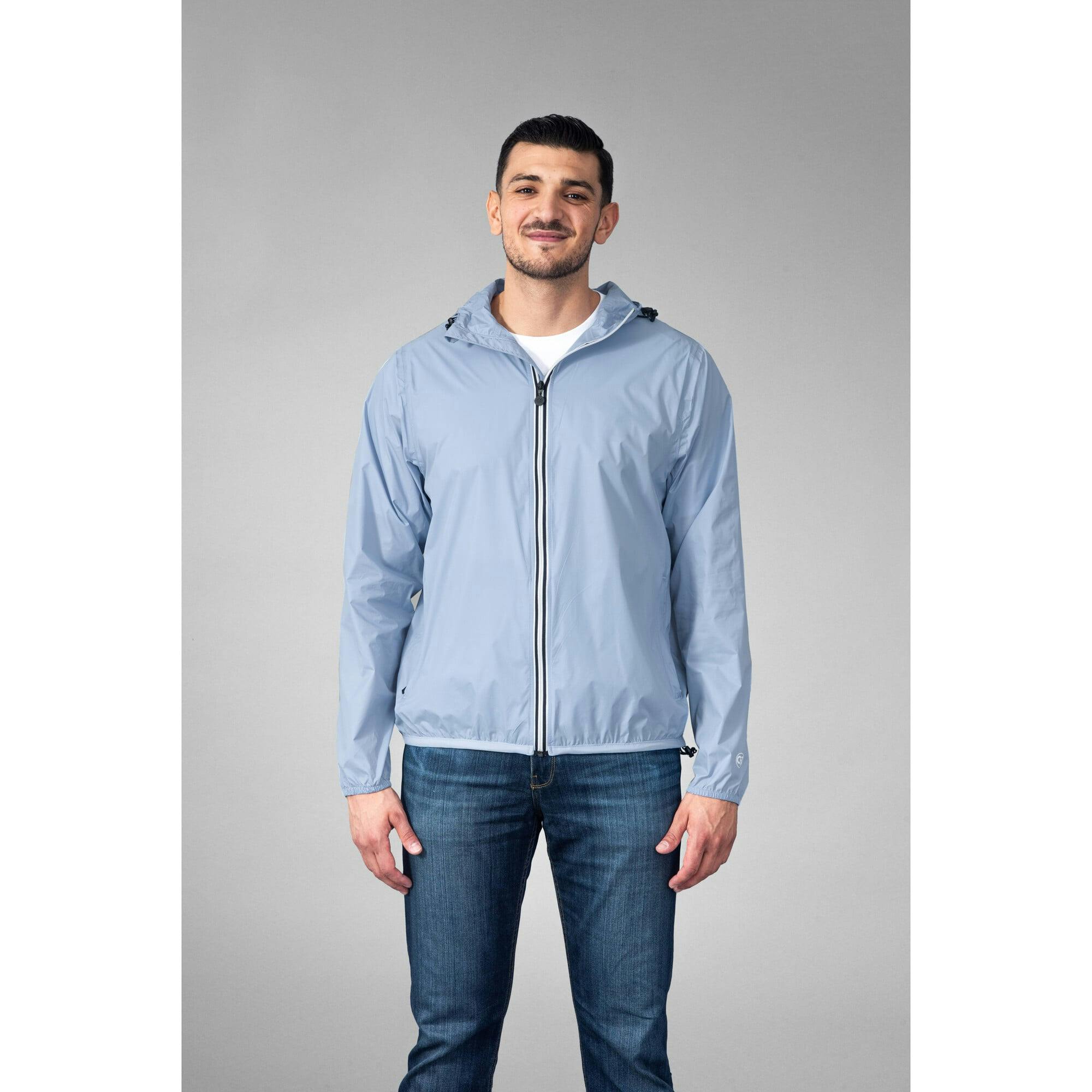 Powder blue full zip packable rain jacket and windbreaker