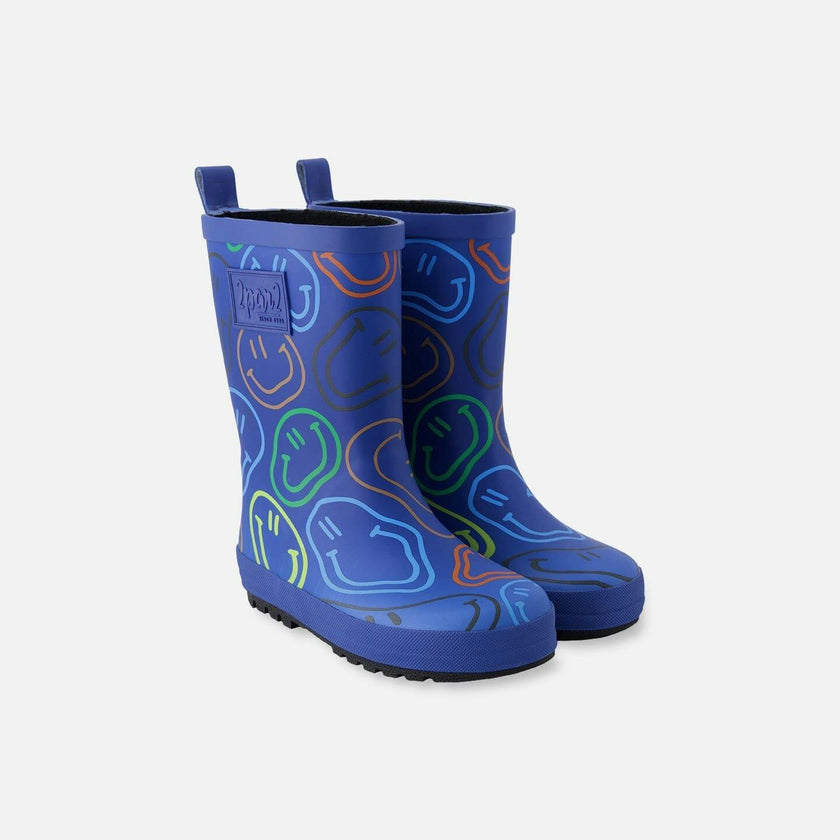 Rain Boots In Natural Rubber Blue Smiley Print
