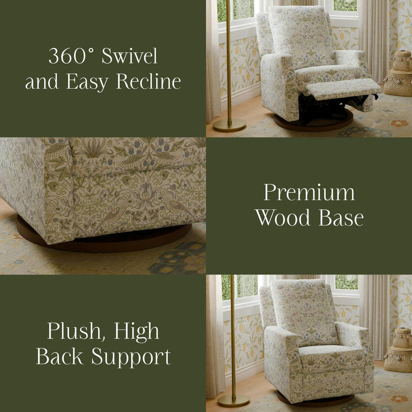 Morris & Co. x Namesake Crewe Recliner and Swivel Glider in Strawberry Thief in Fig & Thyme Performance Eco-Weave with Dark Wood Base