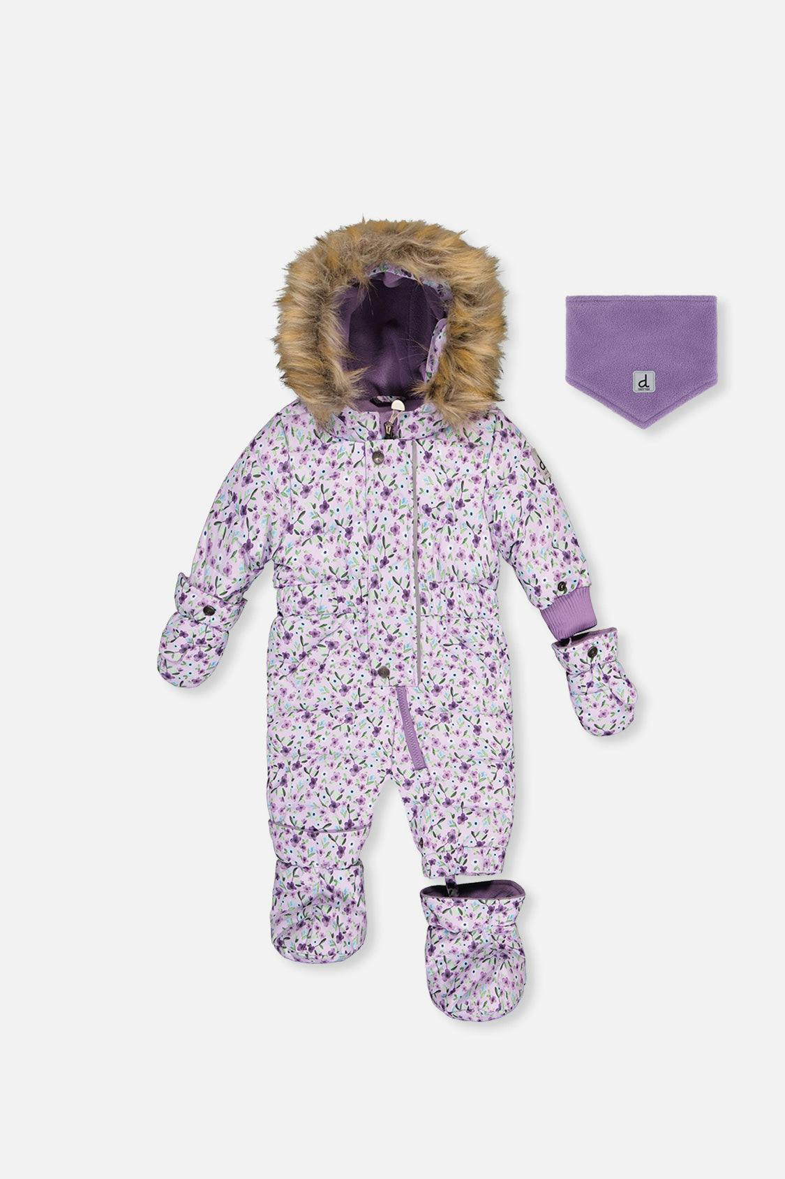 Baby Original One Piece Puffy Snowsuit With Removable Mittens And Boots Purple Printed Mini Flowers