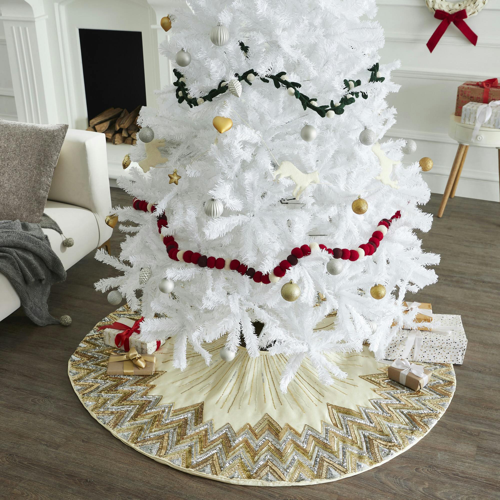 Handmade Christmas Tree Skirt - Hand Beaded Metallic Starburst on French Vanilla Silk