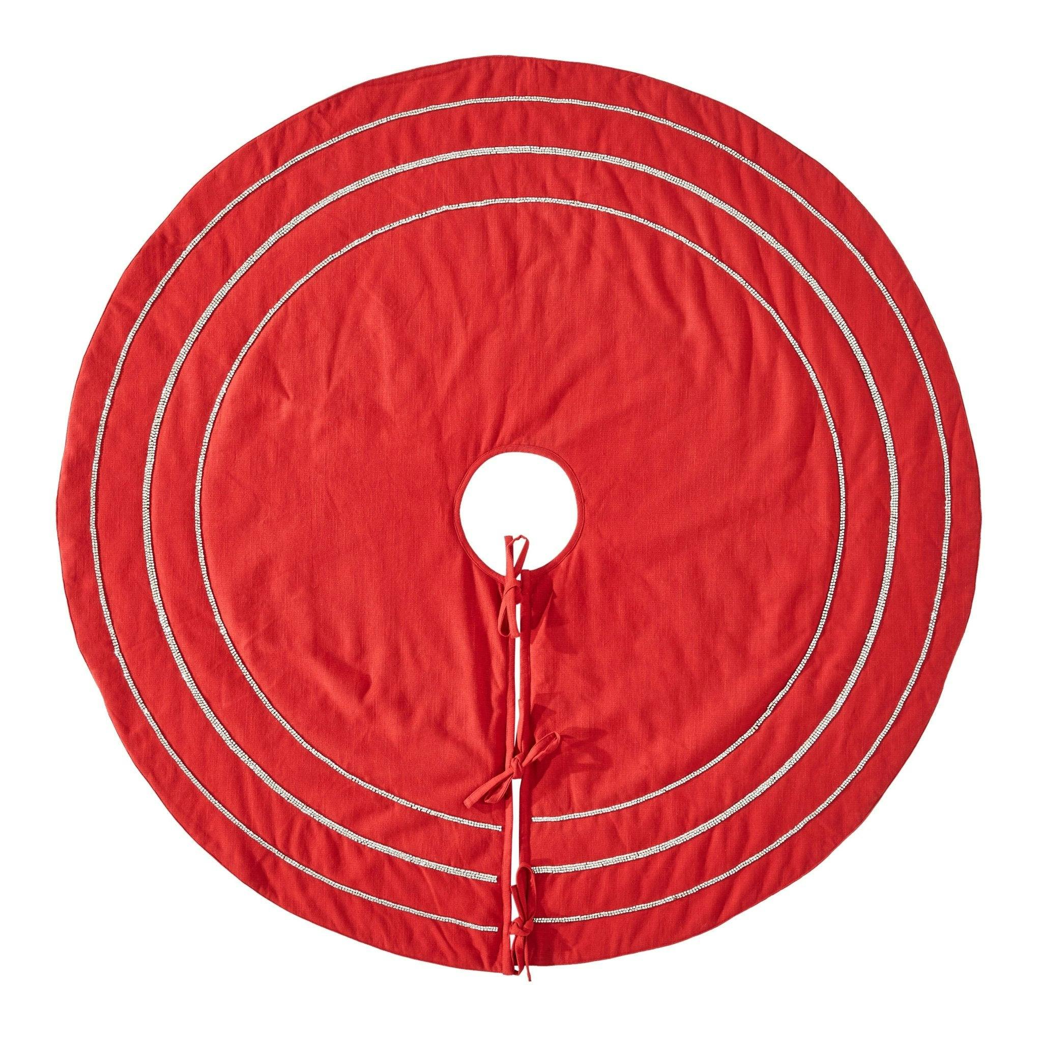 Handmade Concentric Nailhead Circles Red Linen Christmas Tree Skirt 60