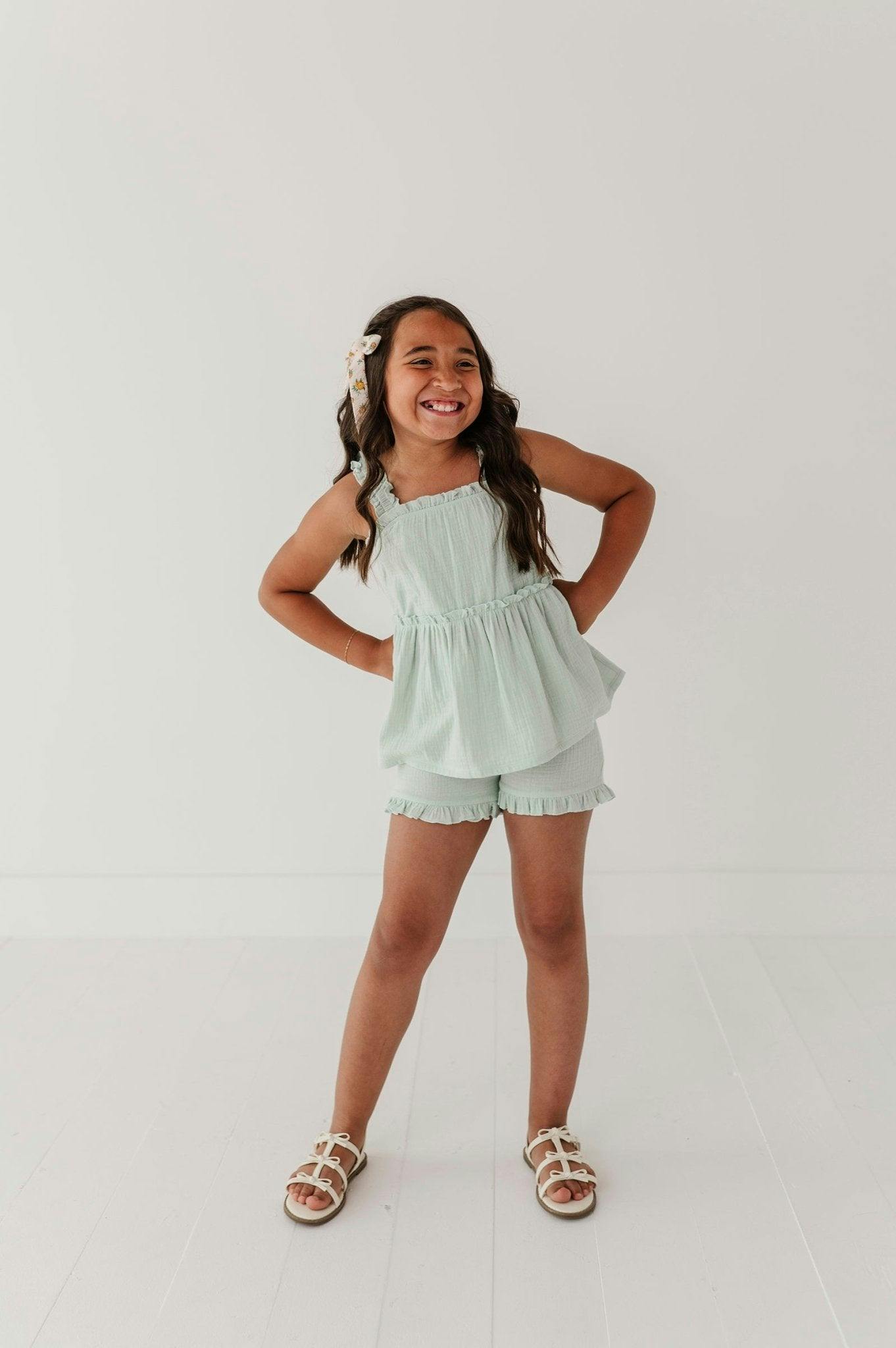Girls Ruffle Gauze Shorts in Aqua Island