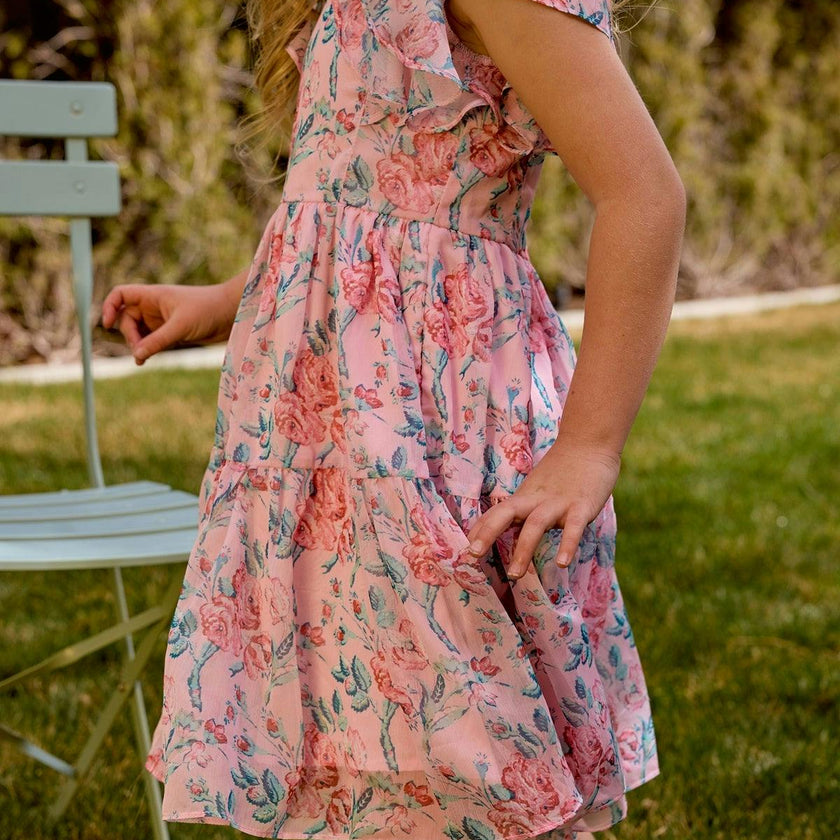 Mini Trixie Dress in Pink Sketched Flower Chiffon