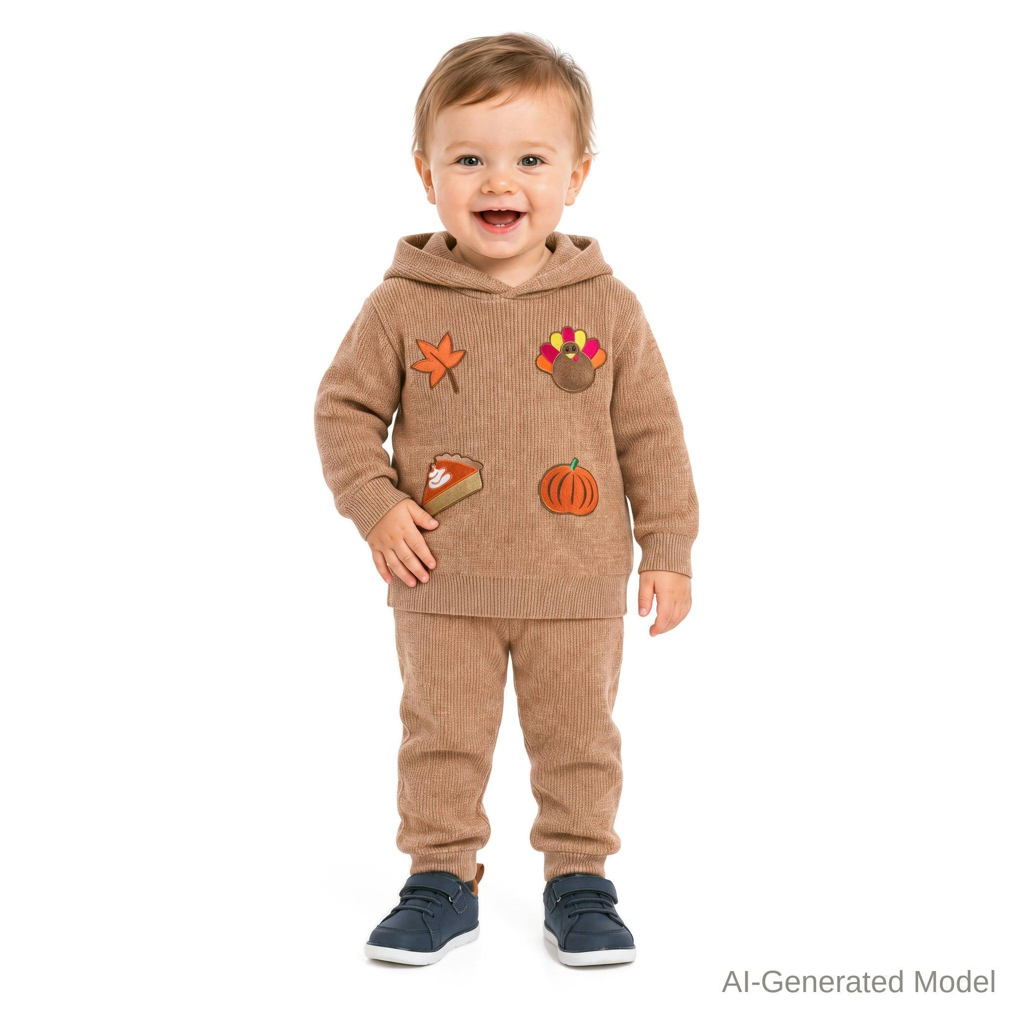 Infant Boys Hooded Sweater Knit Set | Thanksgiving Patches - Beige