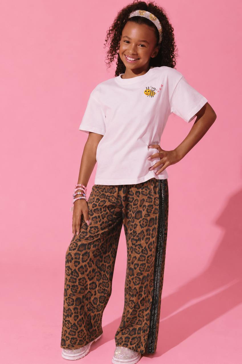 Leopard Print Sequin Trim Wide Leg Track Pants