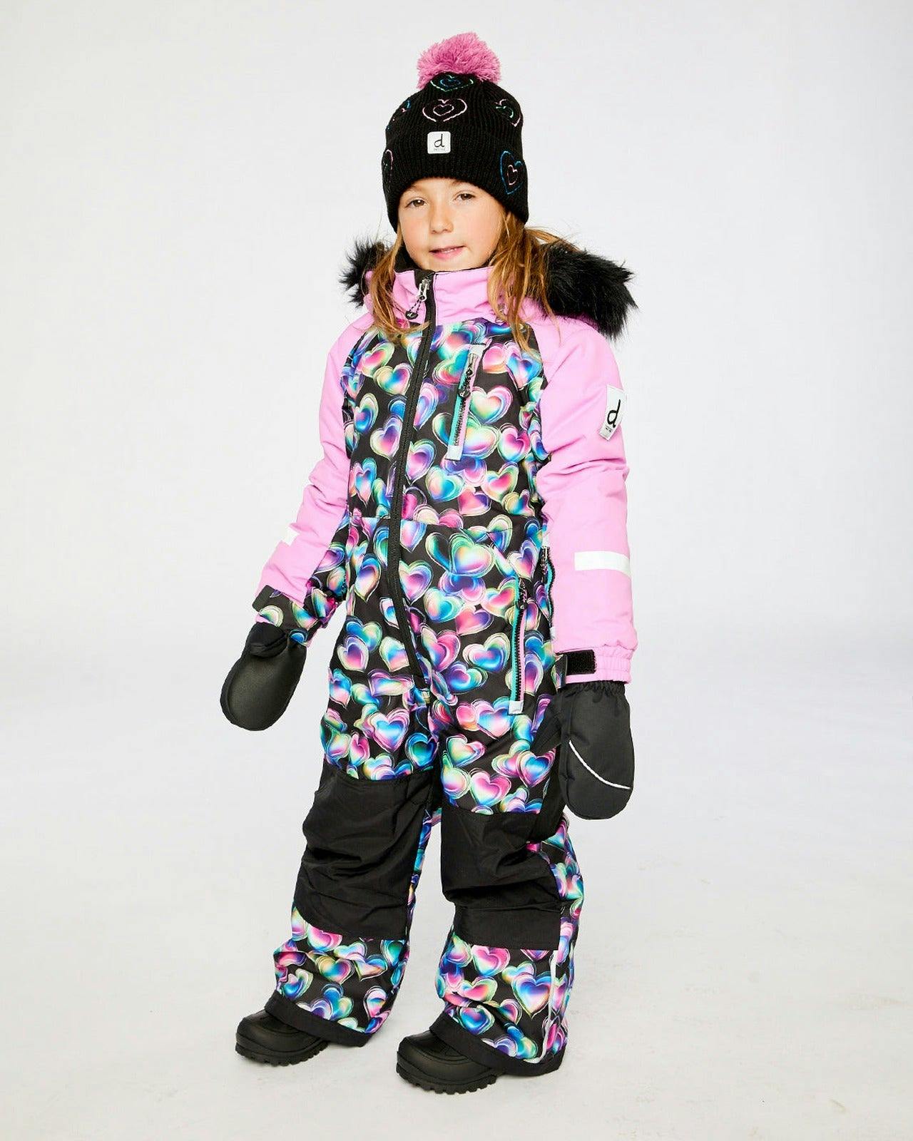Kids One Piece Play Snowsuit Black Heart Print