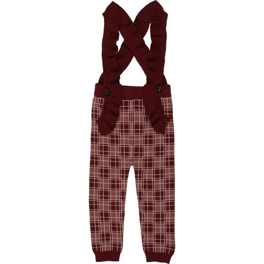 Ruffle Plaid Cross Ruffle Strap Ribbed Waist & Cuff Pant Overalls