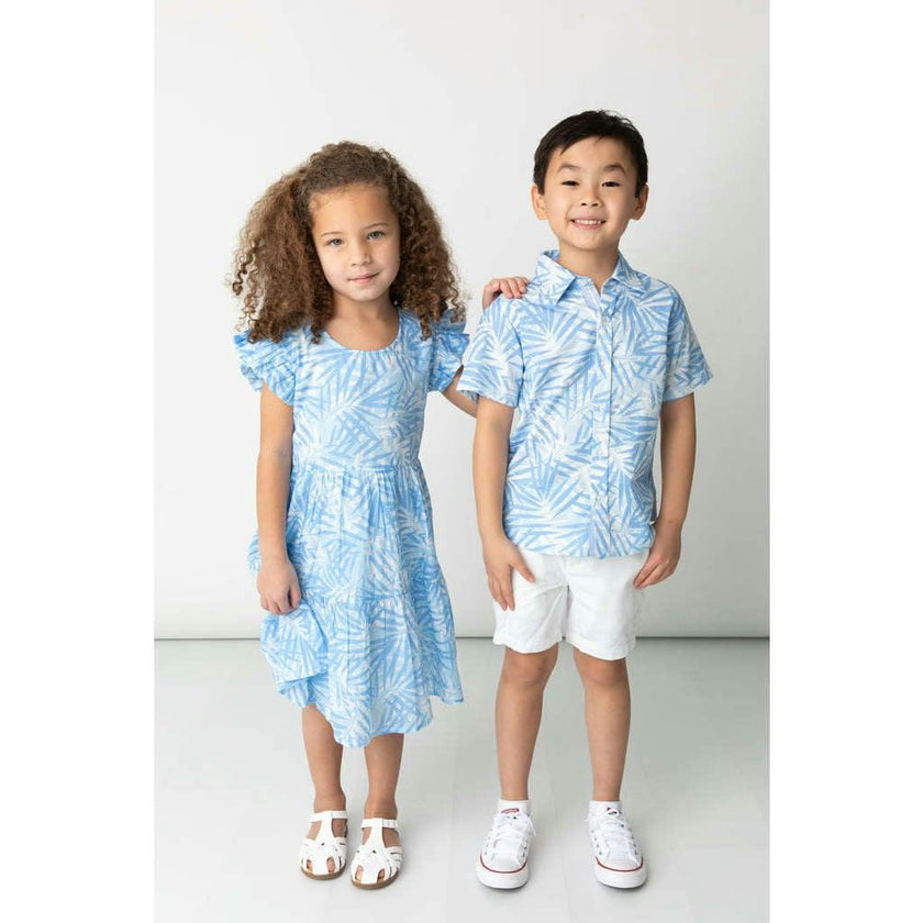 Tropical Palms Blue Shirt in Short Sleeves