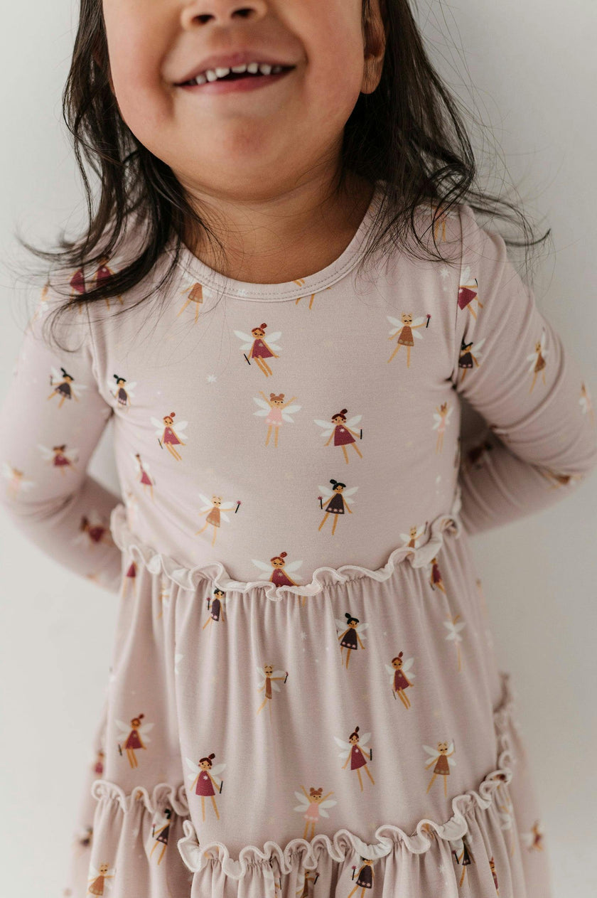 Girls Long Sleeve Double Tiered Dress in Fairies