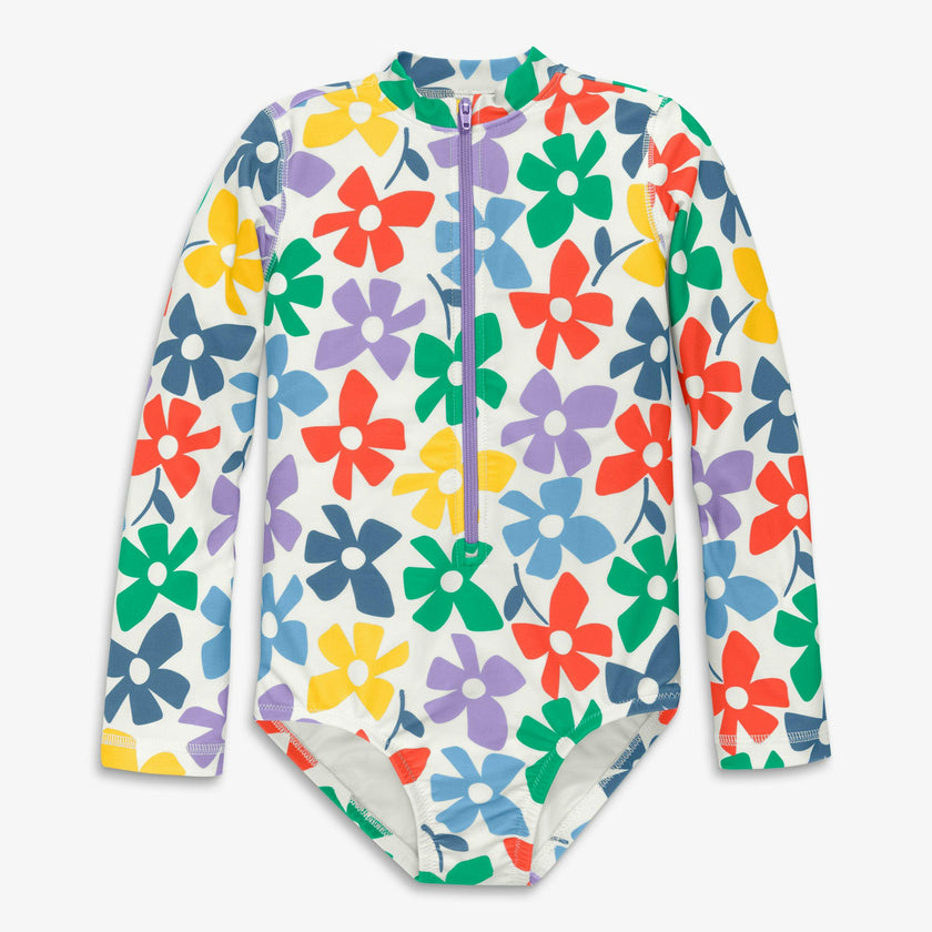 Clearance kids long sleeve one-piece rash guard rainbow blooms