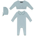 Embroidered Romper, Cardigan, and Bonnet Three Piece Set