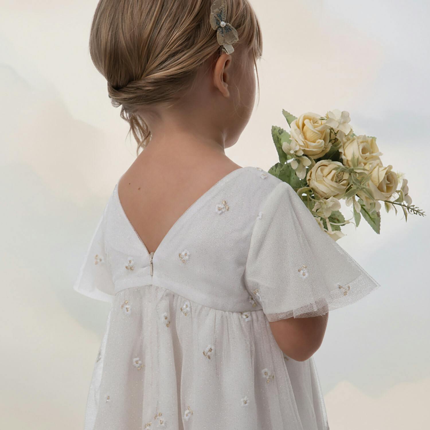 Flora Girl Dress , Gold Flower Embroidery