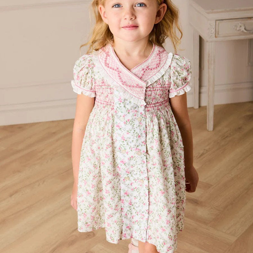 Alice Floral Double Breasted Hand Smocked Dress in Pink (12mths- 10yrs)
