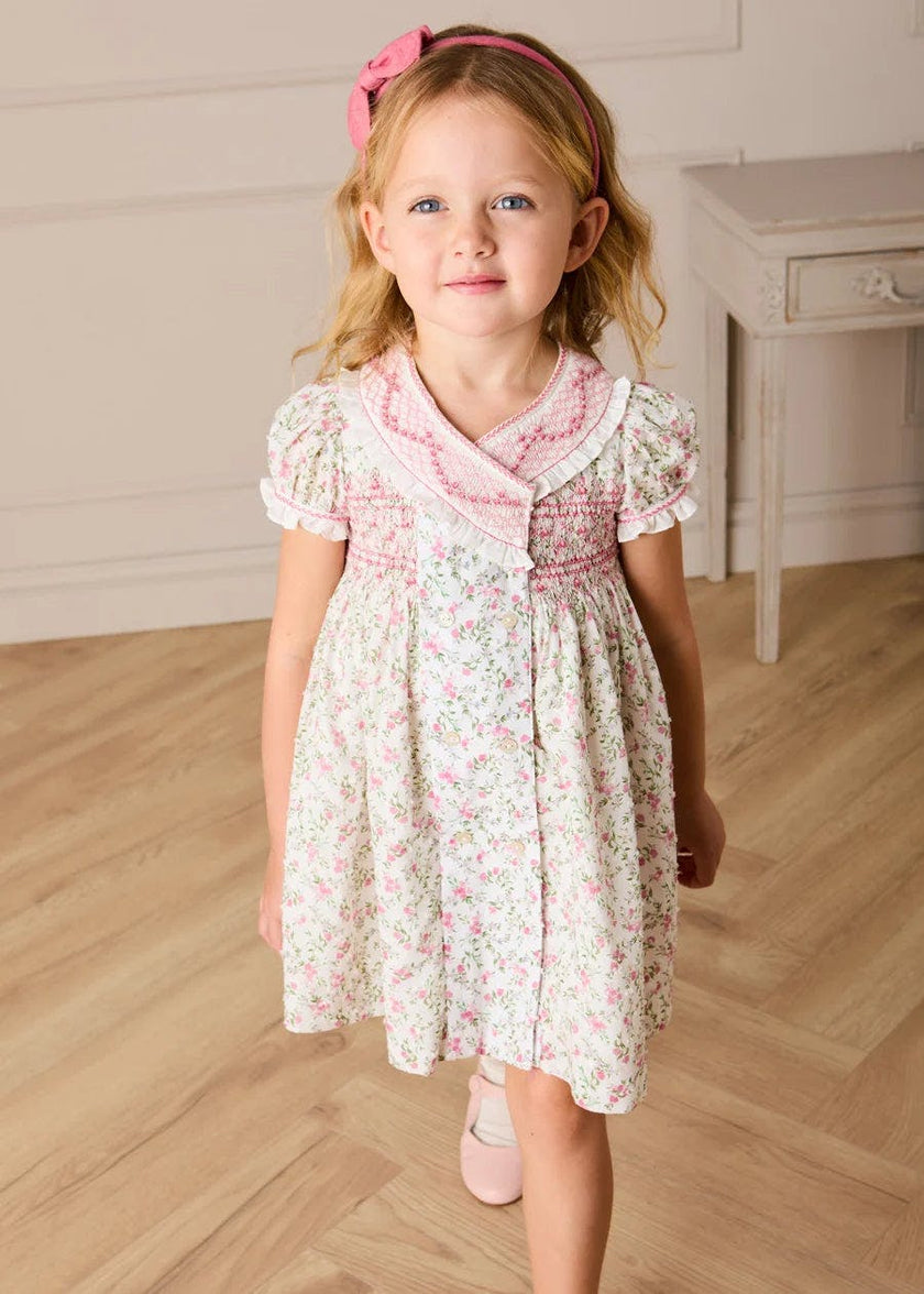 Pepa London Alice Floral Double Breasted Hand Smocked Dress in Pink (12mths- 10yrs) Luxury Childrenswear