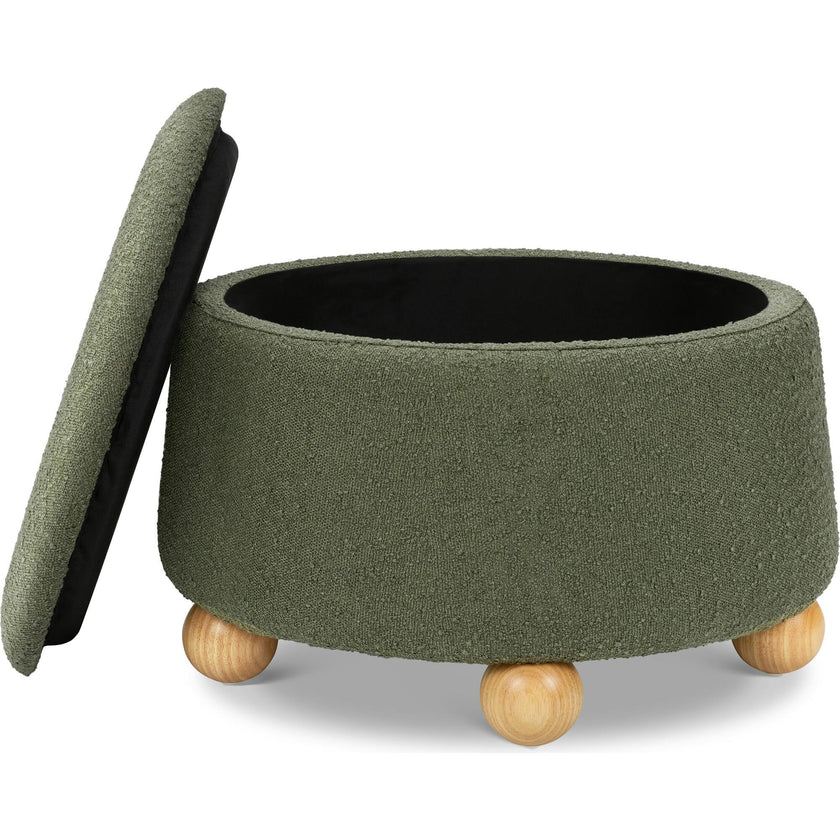 Tuffet Storage Ottoman in Performance Olive Boucle with Honey Ball Feet