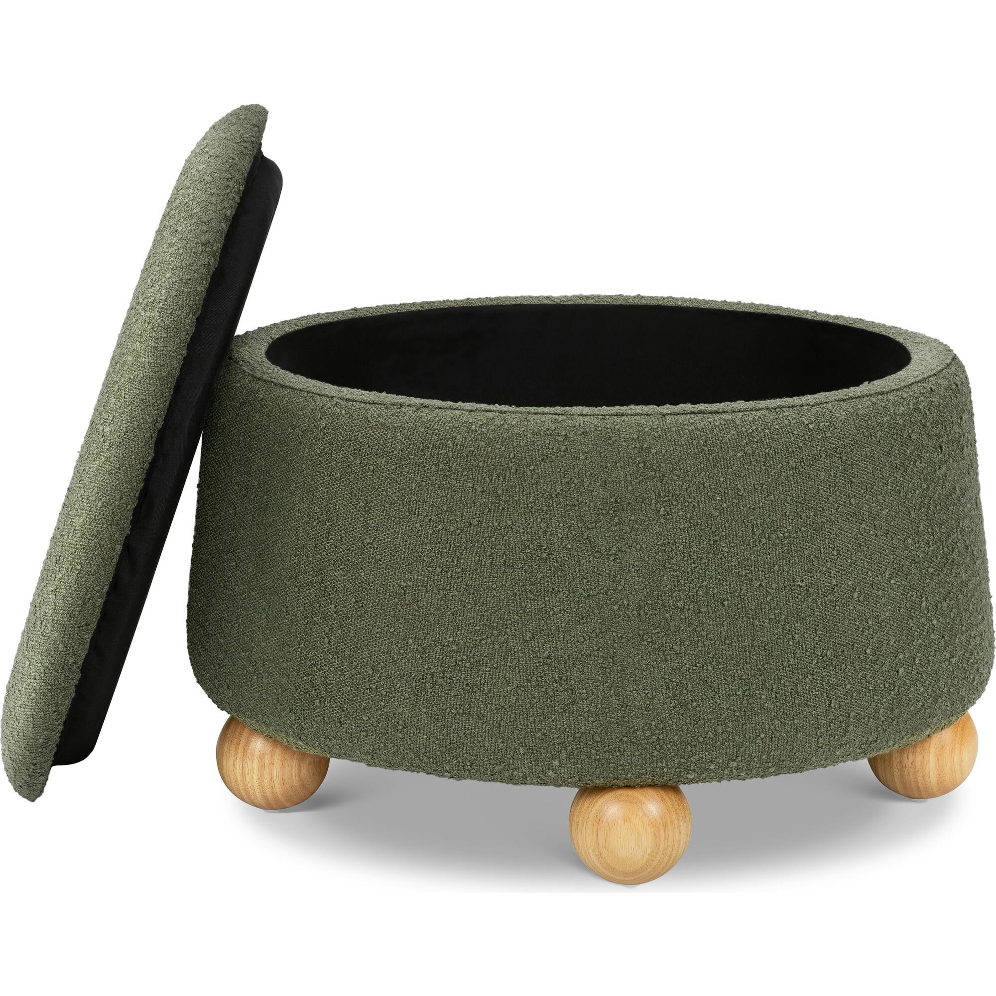 Tuffet Storage Ottoman in Performance Olive Boucle with Honey Ball Feet