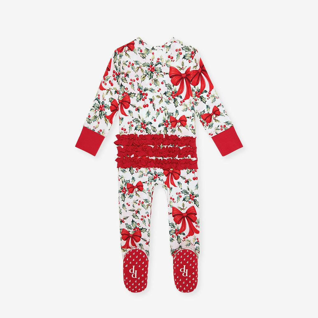 Happy Holly-days Footie Ruffled Zippered One Piece