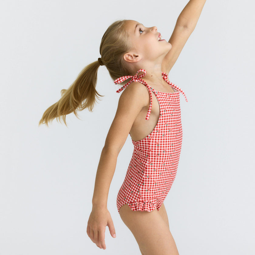 girls cranberry gingham halter one piece
