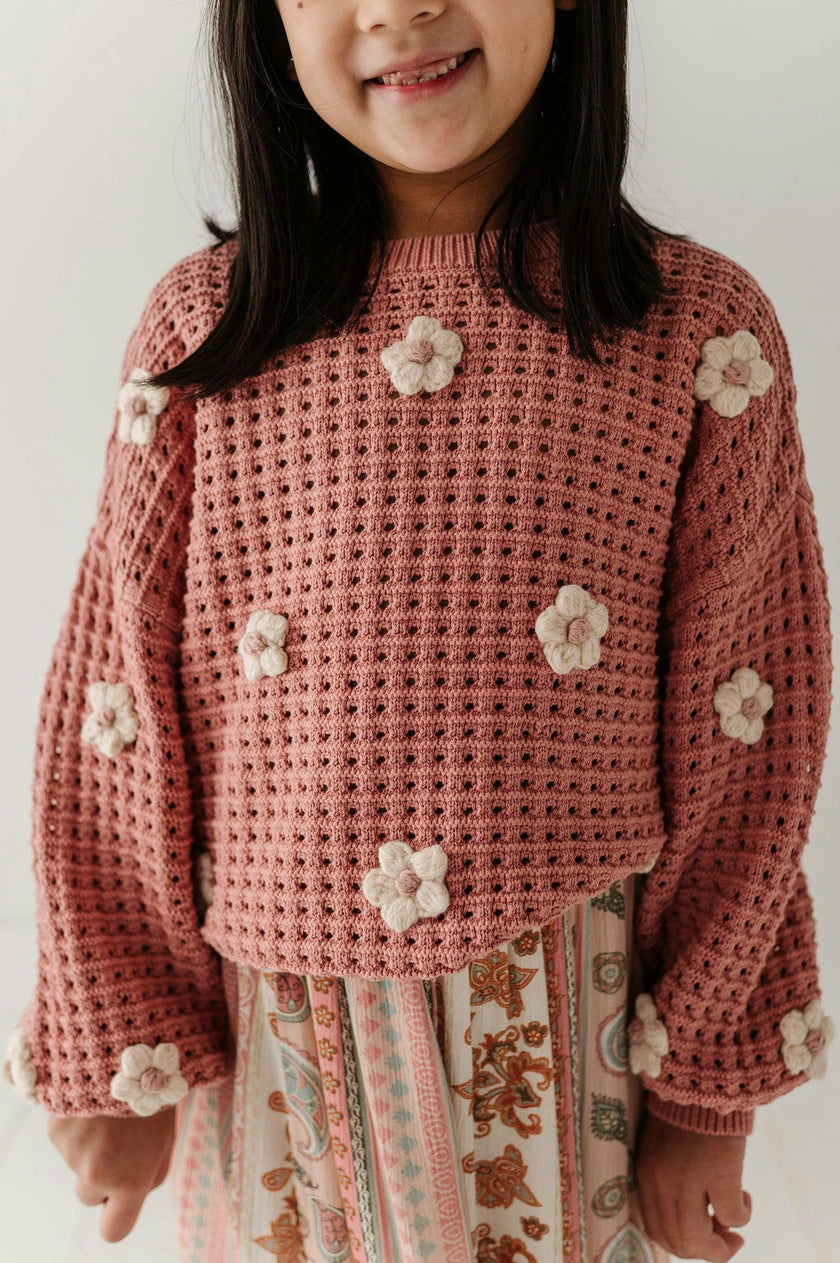 Girls Open Weave Long Sleeve Sweater in Terra Rose