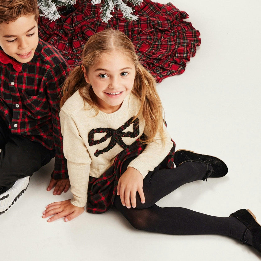 Girls Holiday Sweater Dress | Plaid Bow