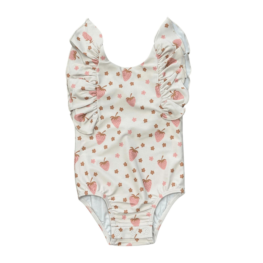 Girl's Ruffle Sleeve Cross Back Swimsuit