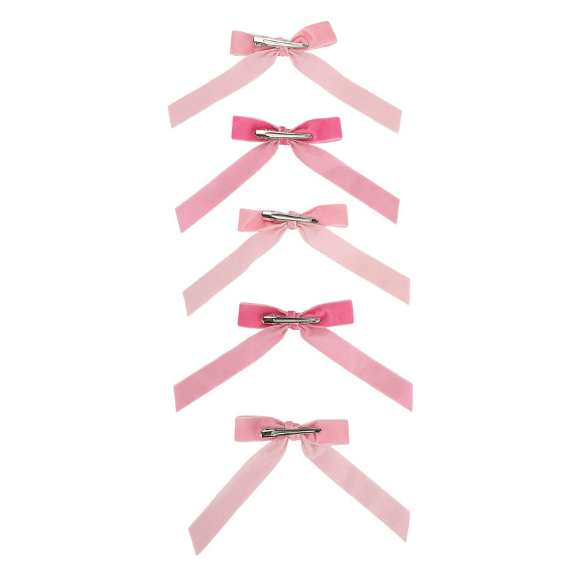 Packed Party Pink Velvet Clip-On Bow Set of 5 - Two Shades of Pink Velveteen Ribbon Bows with Metal Clip for Napkins Place Settings and Party Favors
