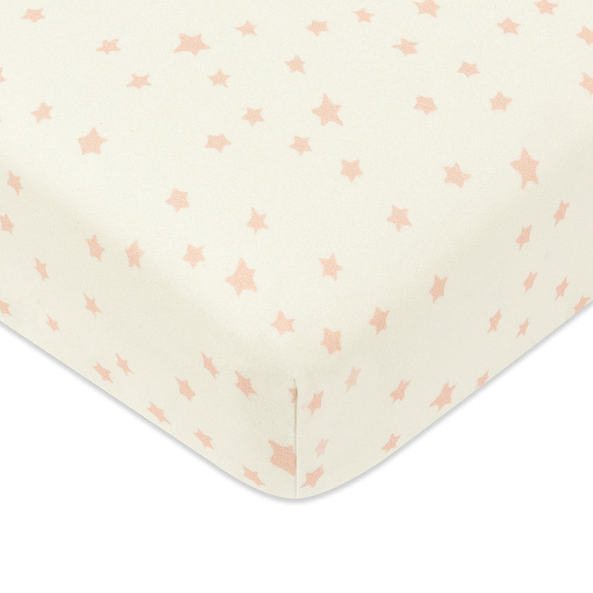 Mini Crib Sheet in GOTS Certified Organic Brushed Cotton in Ivory with Dusty Rose Stars