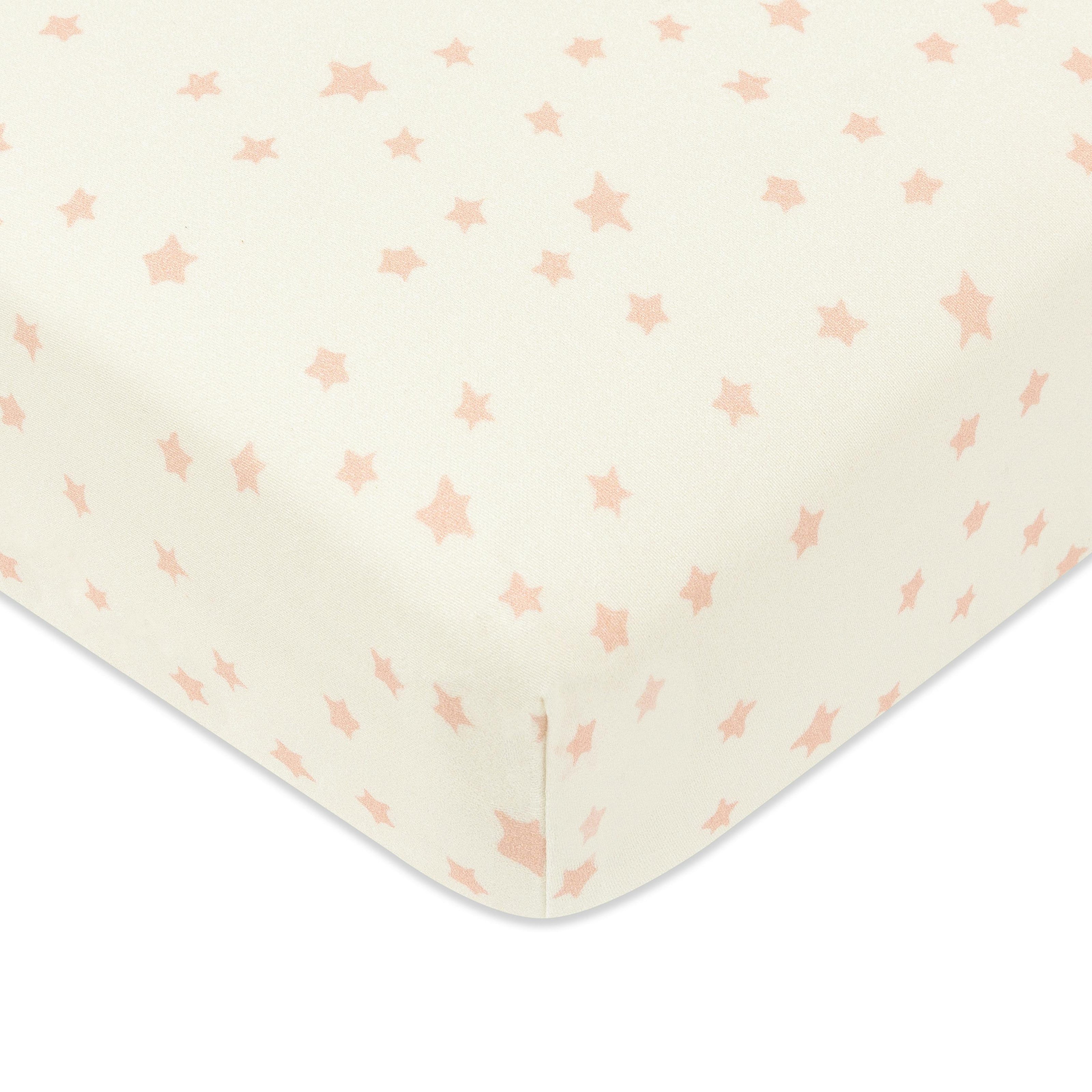 Mini Crib Sheet in GOTS Certified Organic Brushed Cotton in Ivory with Dusty Rose Stars