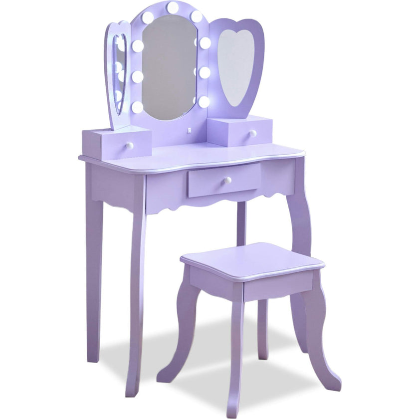 Teamson Kids Heart Glow Wooden Vanity Set With LED Lights Mirror & Stool