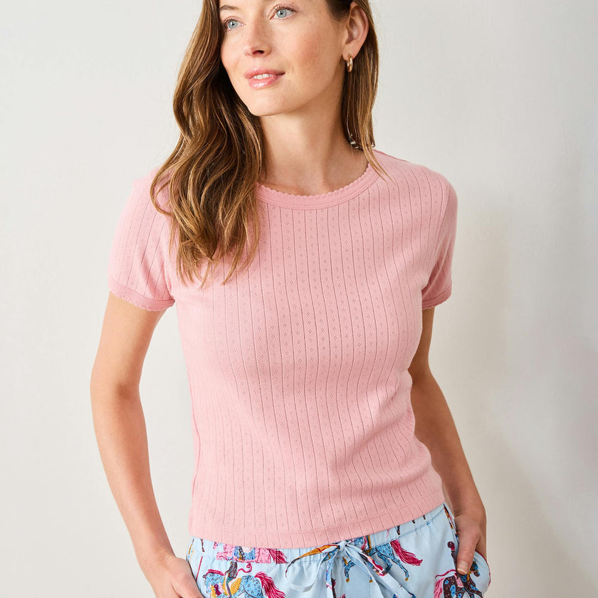 Pointelle Short Sleeve Tee - Pink Gemstone