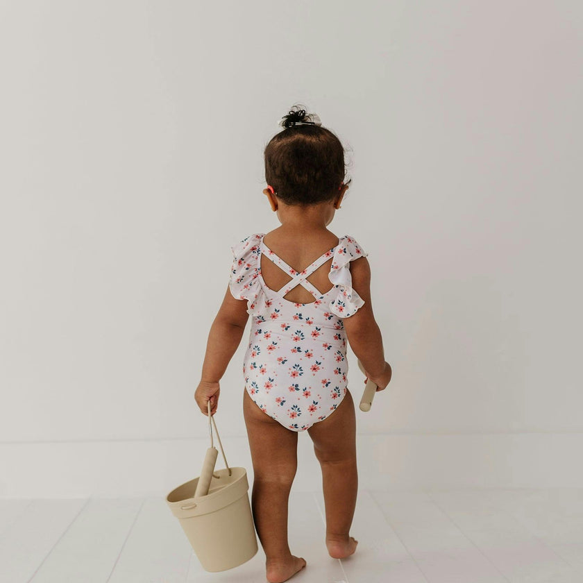 Girl's Ruffle Sleeve Cross Back Swimsuit
