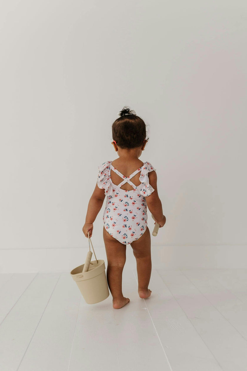 Girl's Ruffle Sleeve Cross Back Swimsuit