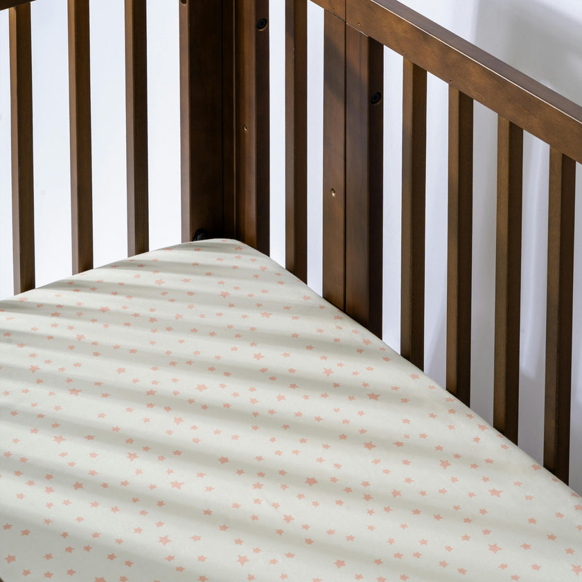 Crib Sheet in GOTS Certified Organic Brushed Cotton in Ivory with Dusty Rose Stars