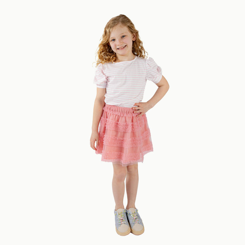 Puff Sleeve Tee in Pink Heart Stripe