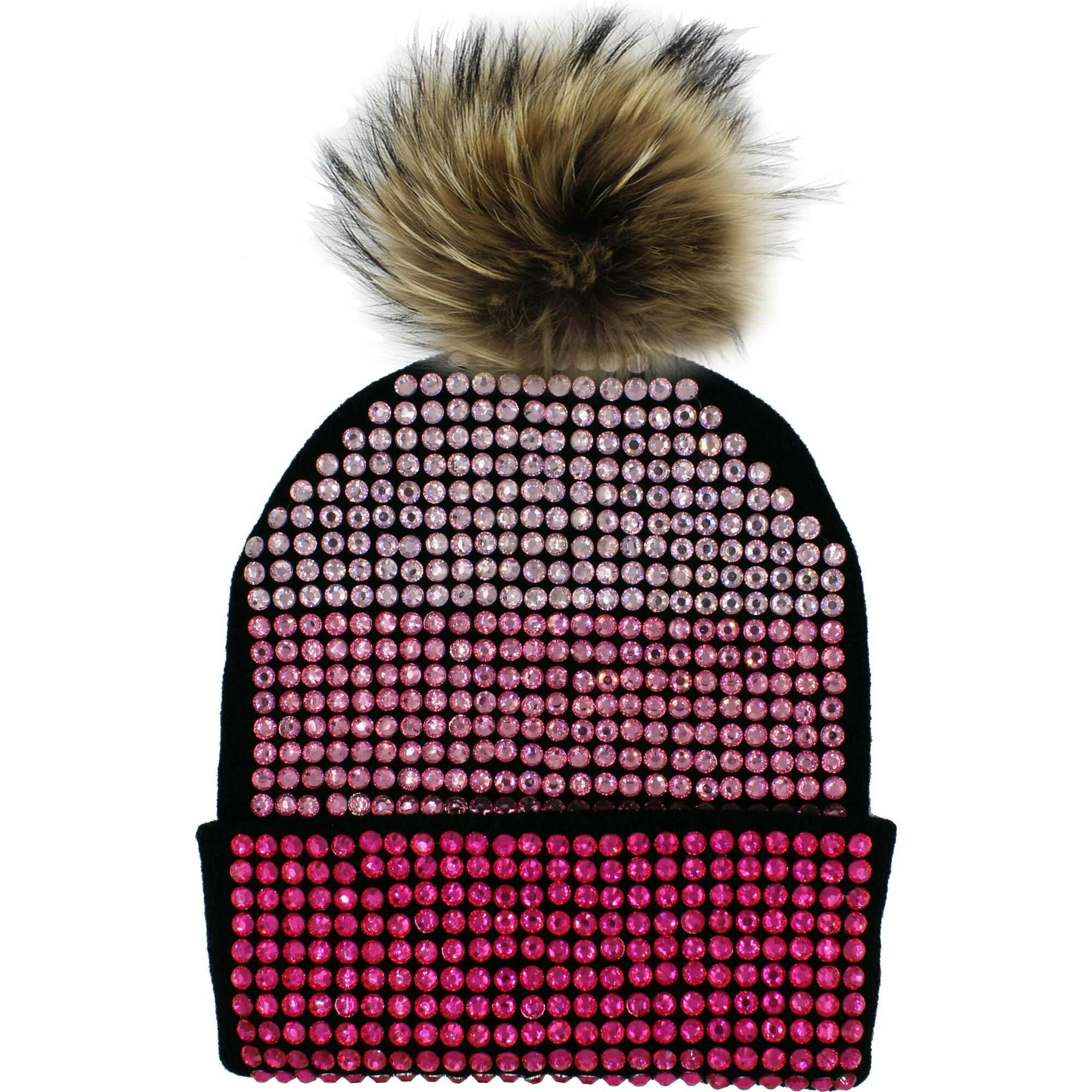 Studded Crystal Faux Fur Pom Pom Beanie