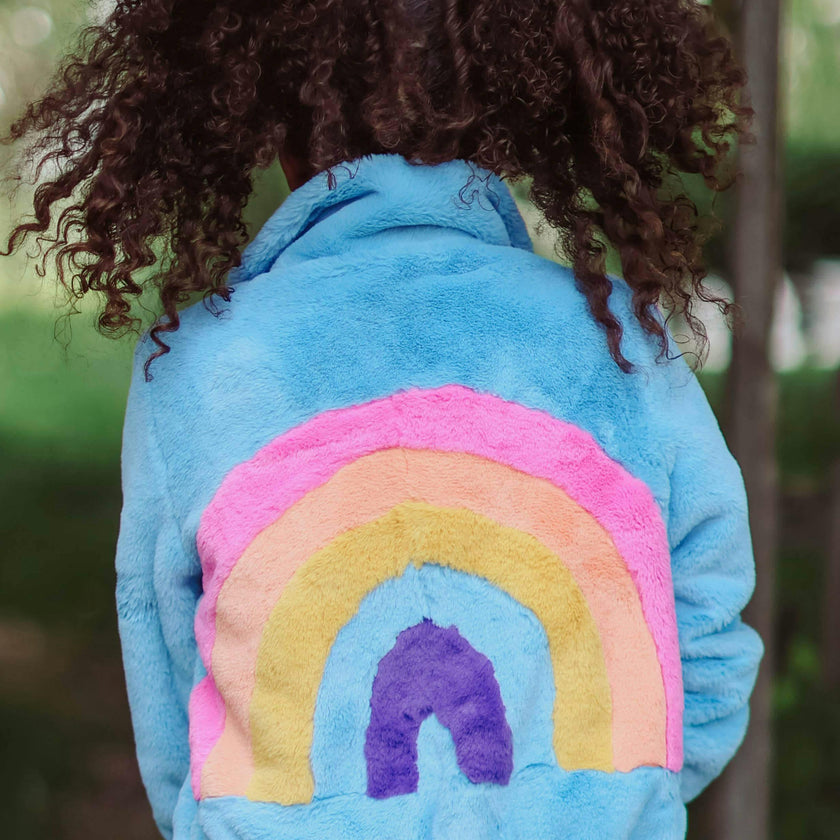 Rainbow Faux Fur Coat Baby Blue