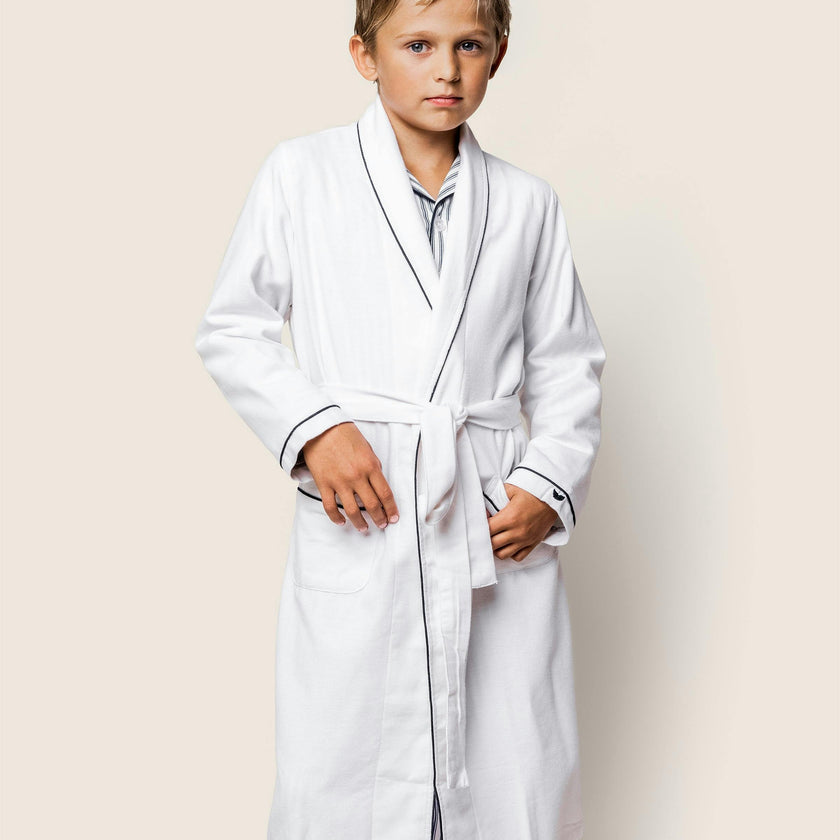 Kid's Flannel Robe in White with Navy Piping