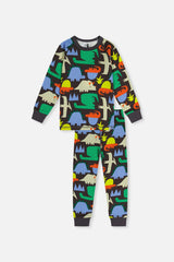 Organic Cotton Two Piece Pajama Set Black Dinosaur Print