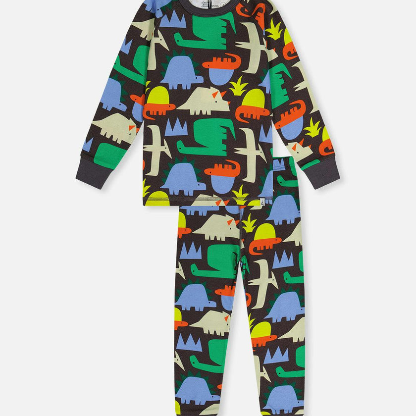 Organic Cotton Two Piece Pajama Set Black Dinosaur Print