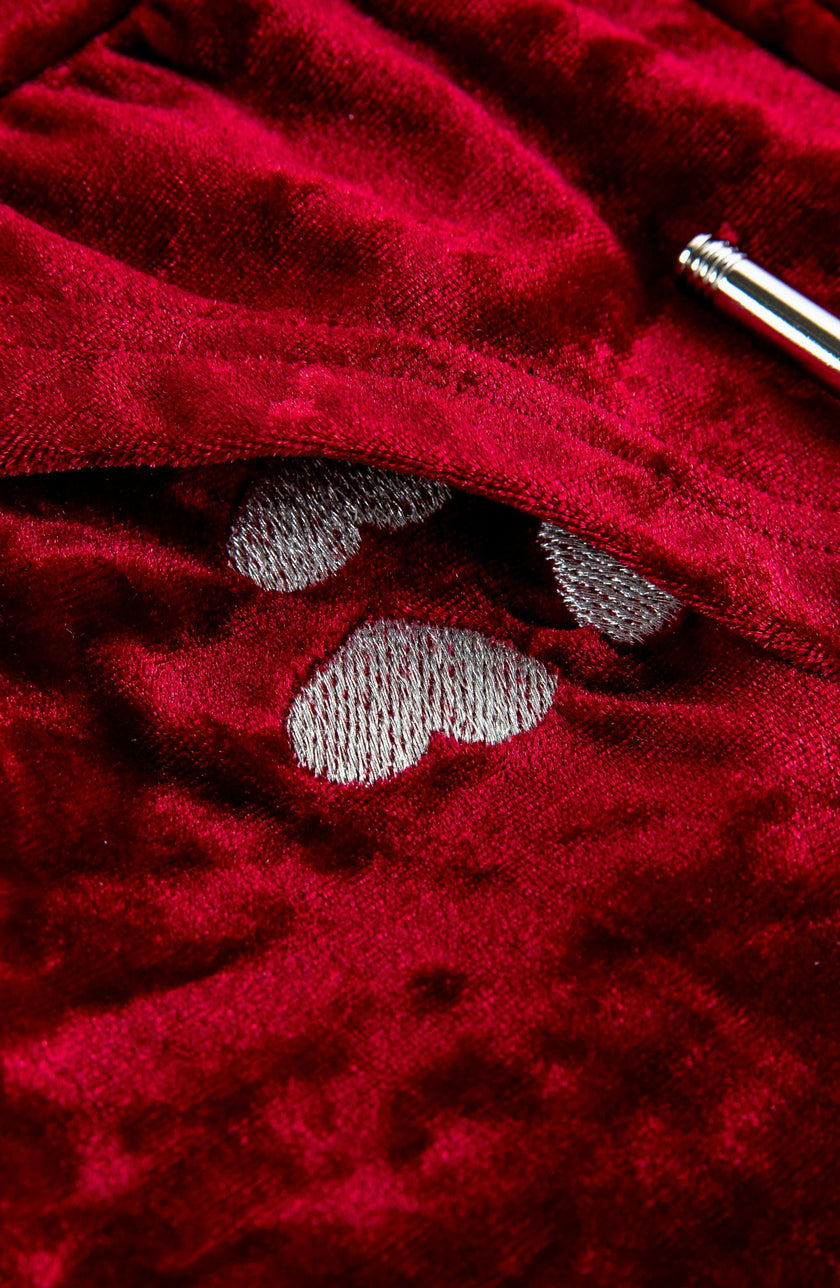 Velvet Zip Hoodie with Embroidered Hearts, Red