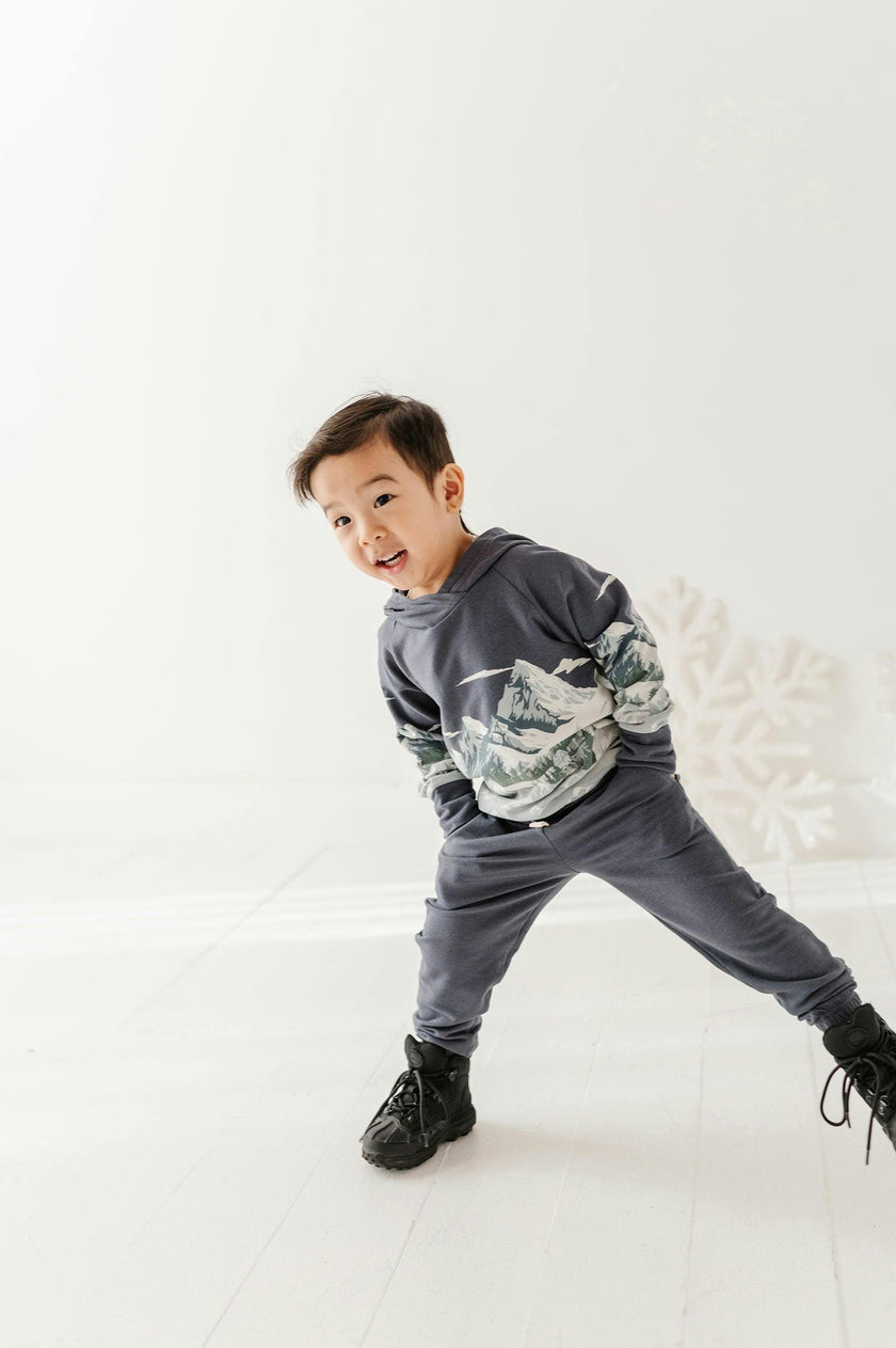Boys Scenic Raglan Hoodie in Mountains on Nightfall Blue