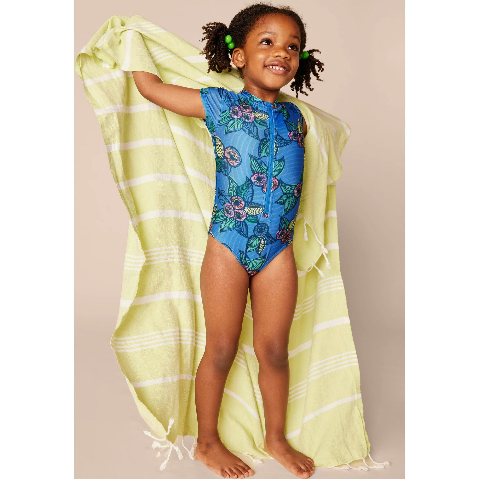 Short Sleeve Zipped Rash Guard One-Piece Swimsuit, Blue