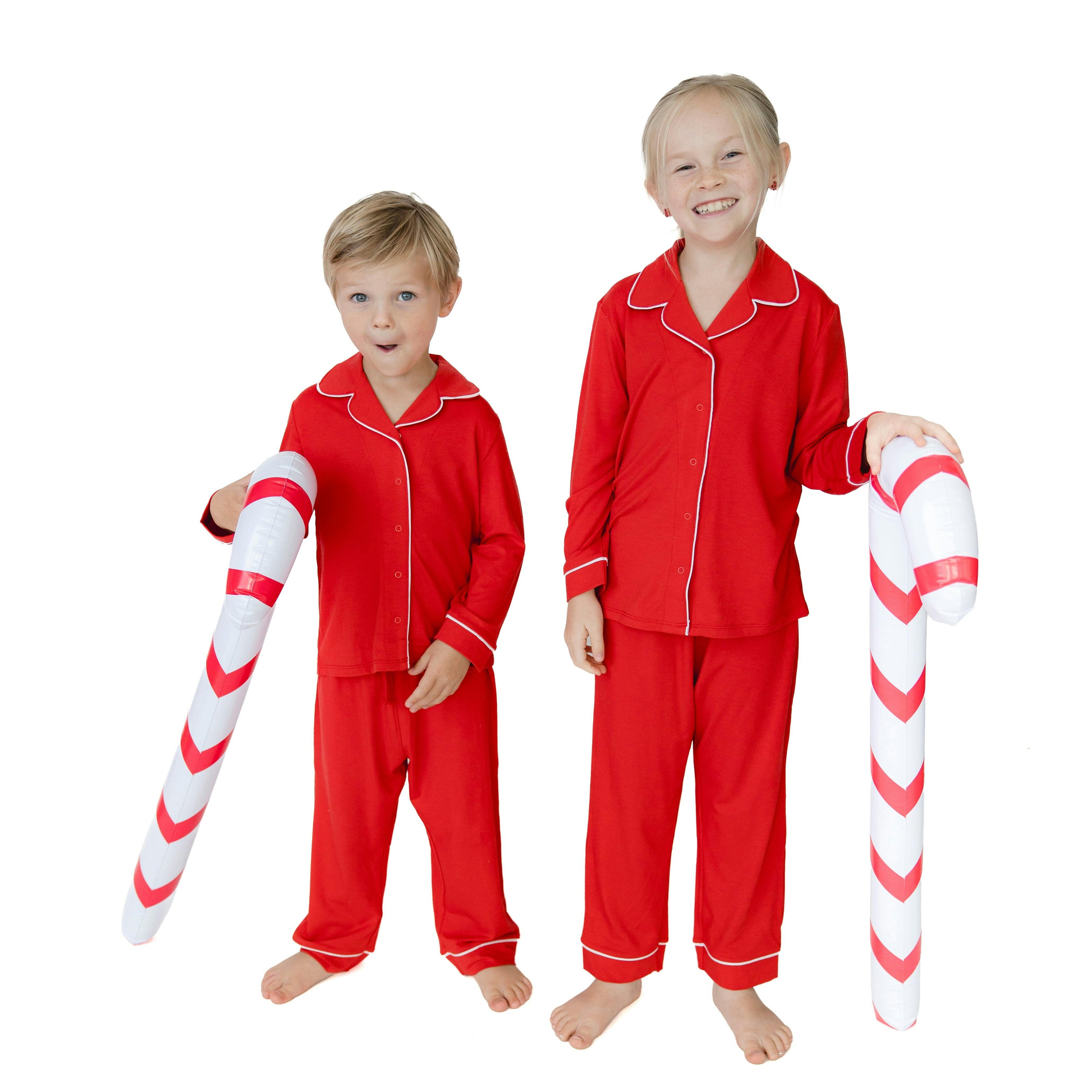 Ribbon Red - Knit Flame Resistant Kids Long Sleeve Coat Style with Pant
