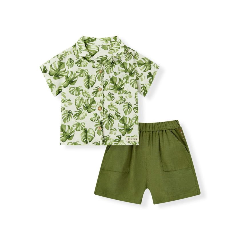 Island Leaf Linen Button-Up Shirt and Shorts Set