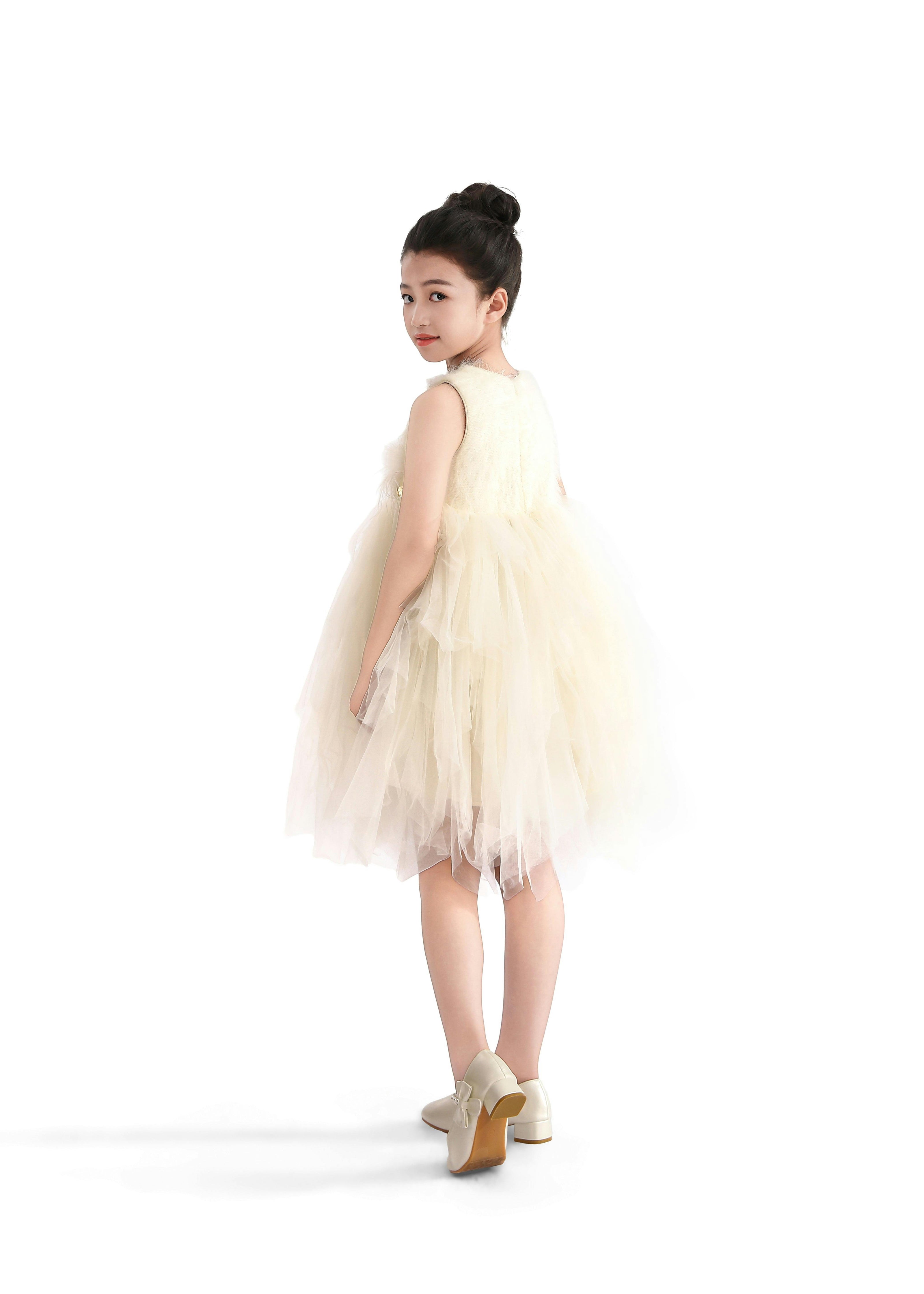 Ivory Feathered Tulle Party Dress